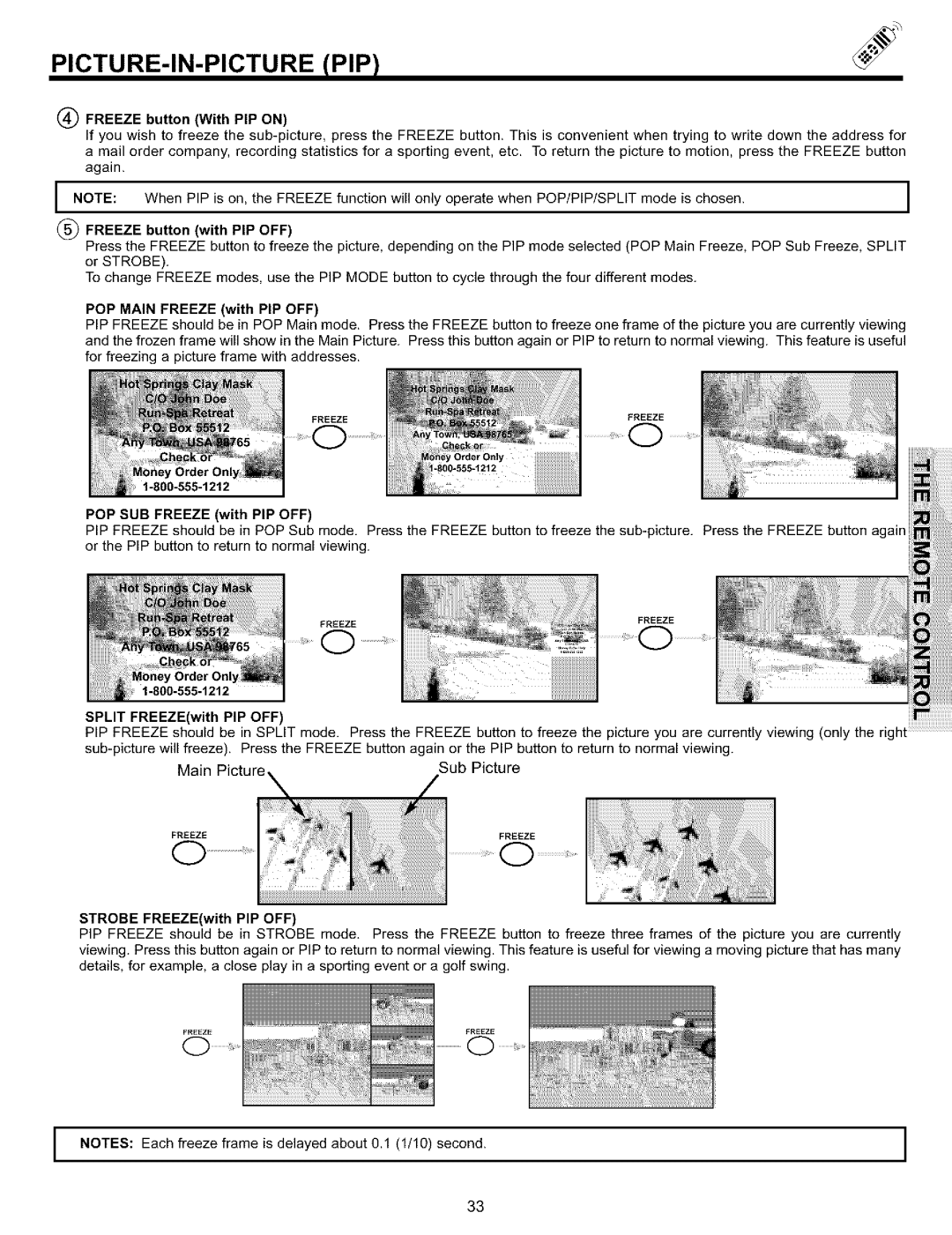 Hitachi 57S700, 65S700, 51S700 Freeze button With PIP on, Freeze button with PIP OFF, POP Main Freeze with PIP OFF 