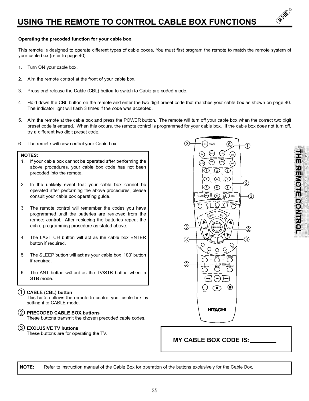 Hitachi 51S700, 57S700 Using the Remote to Control Cable BOX Functions, Operating the precoded function for your cable box 