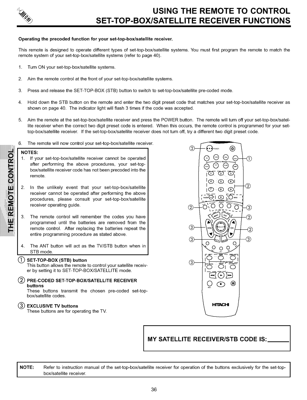 Hitachi 57S700, 65S700, 51S700 important safety instructions MY Satellite RECEIVER/STB Code is 