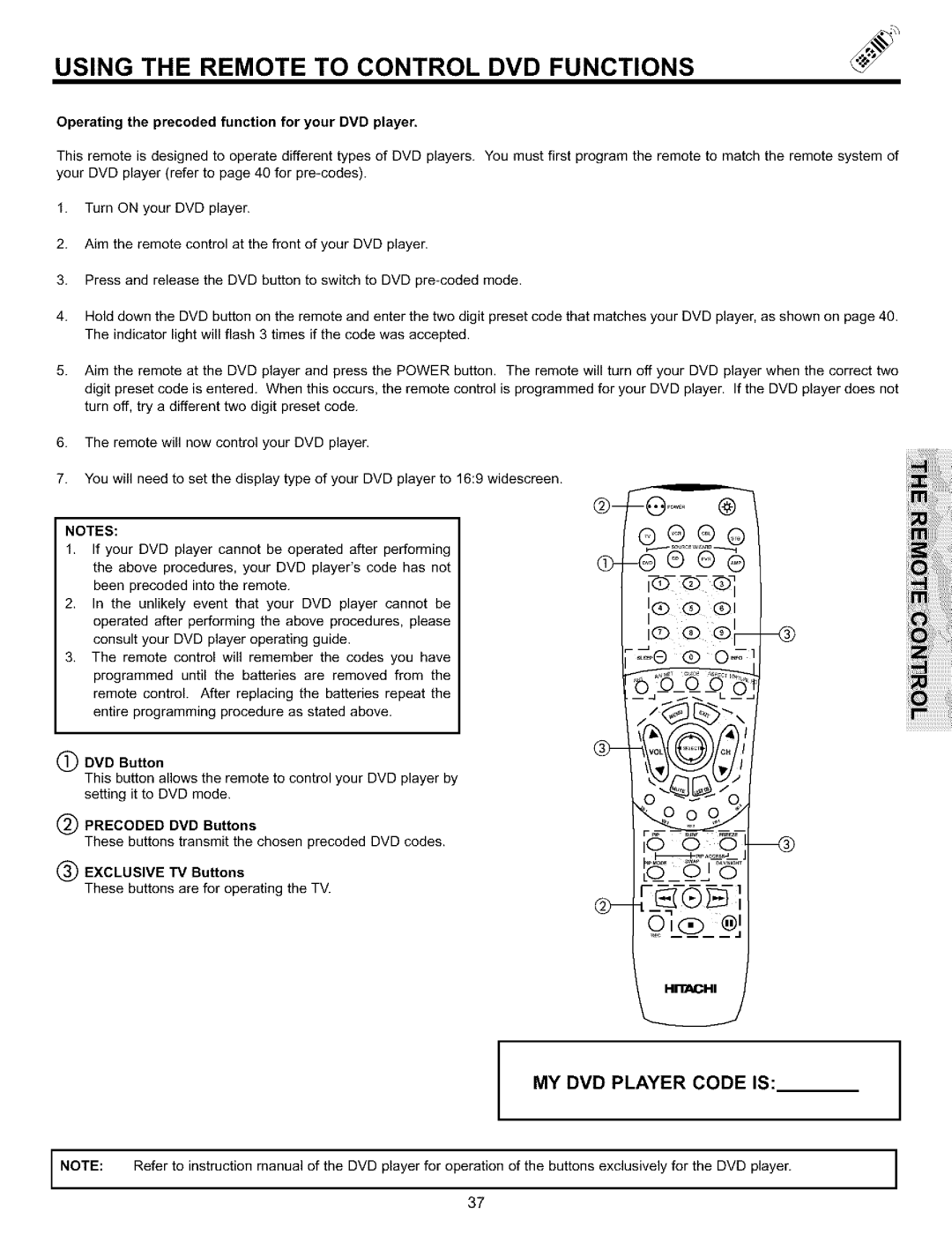 Hitachi 65S700 Using the Remote to Control DVD Functions, Operating the precoded function for your DVD player, DVD Button 