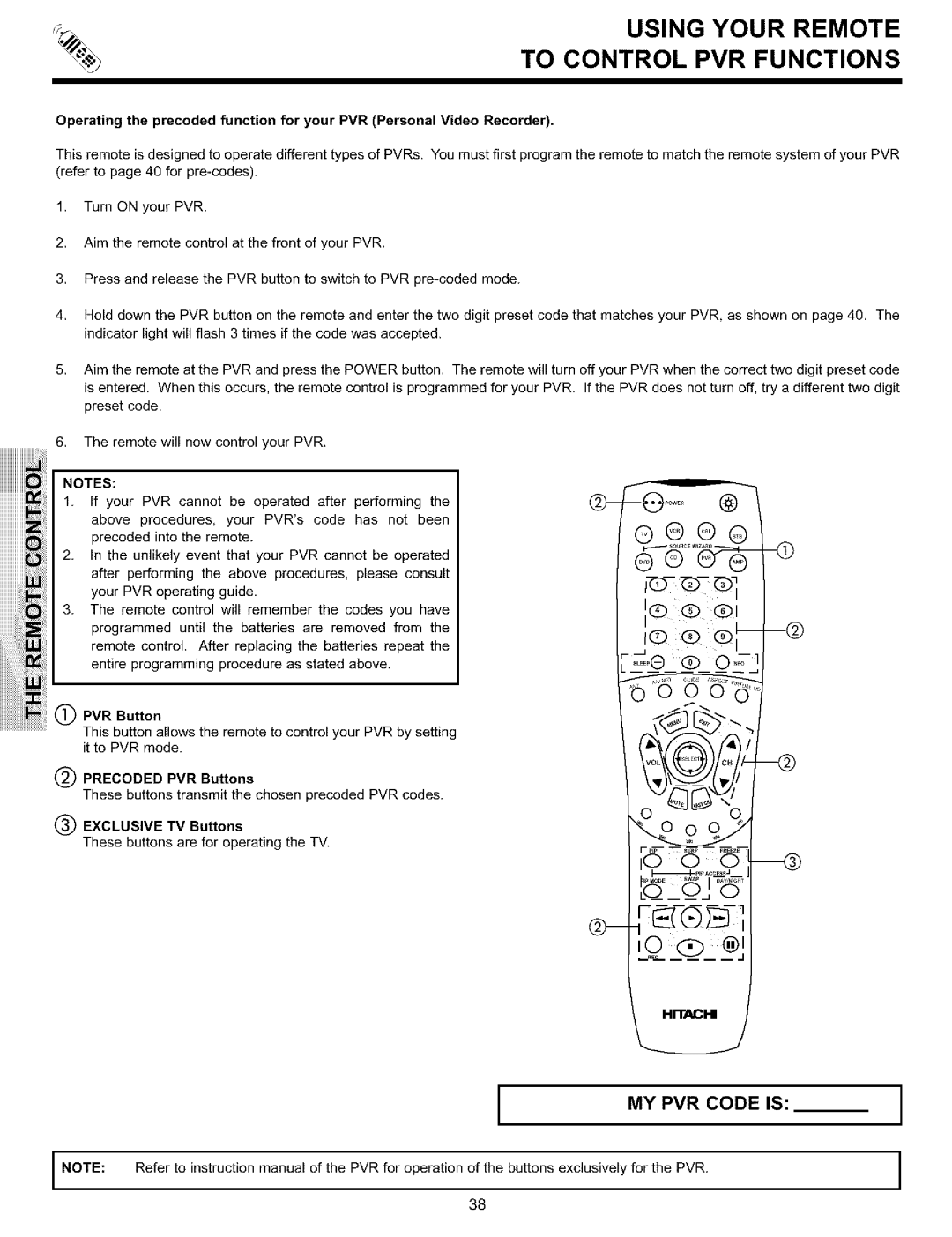 Hitachi 51S700, 57S700, 65S700 Using Your Remote To Control PVR Functions, Precoded PVR Buttons 