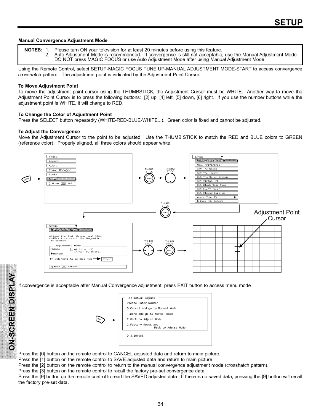 Hitachi 65S700 Manual Convergence Adjustment Mode, To Move Adjustment Point, To Change the Color of Adjustment Point 