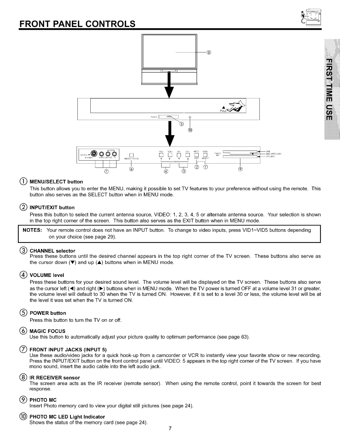 Hitachi 65S700, 57S700, 51S700 important safety instructions Front Panel Controls, Magic Focus, Photo MC 