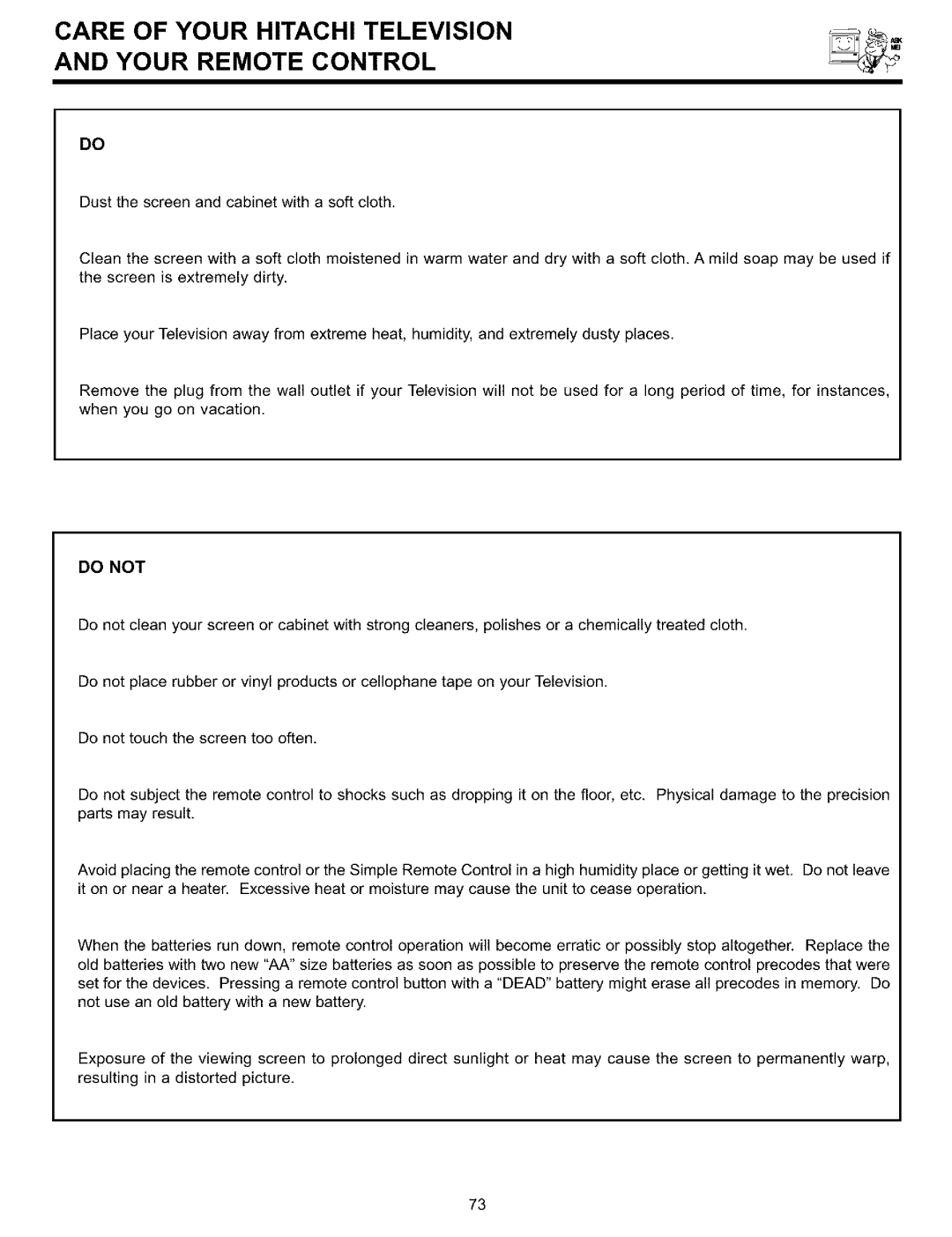 Hitachi 65S700, 57S700, 51S700 important safety instructions Care of Your Hitachi Television Your Remote Control, Do not 