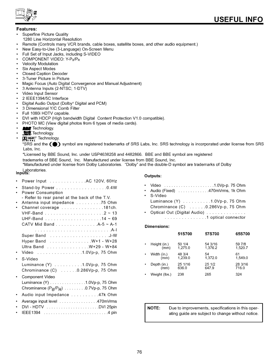 Hitachi important safety instructions Features, PLtaboratories Outputs, Dimensions, Pb/Pr, 51S700 57S700 65S700 