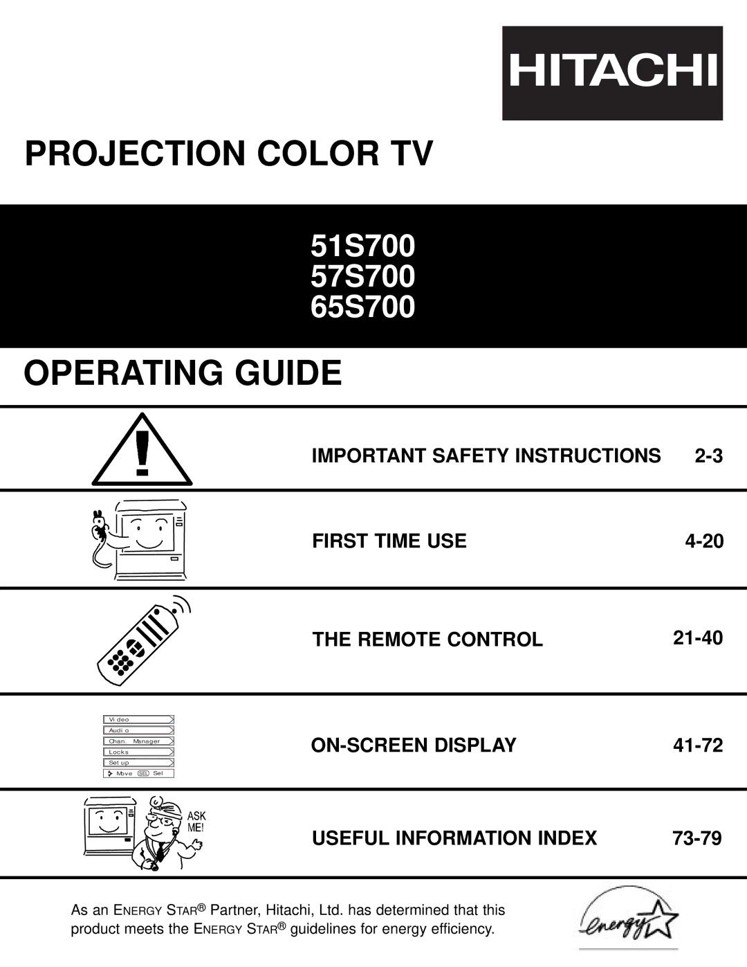 Hitachi 65S700, 57S700, 51S700 important safety instructions Important Safety Instructions First Time USE Remote Control 