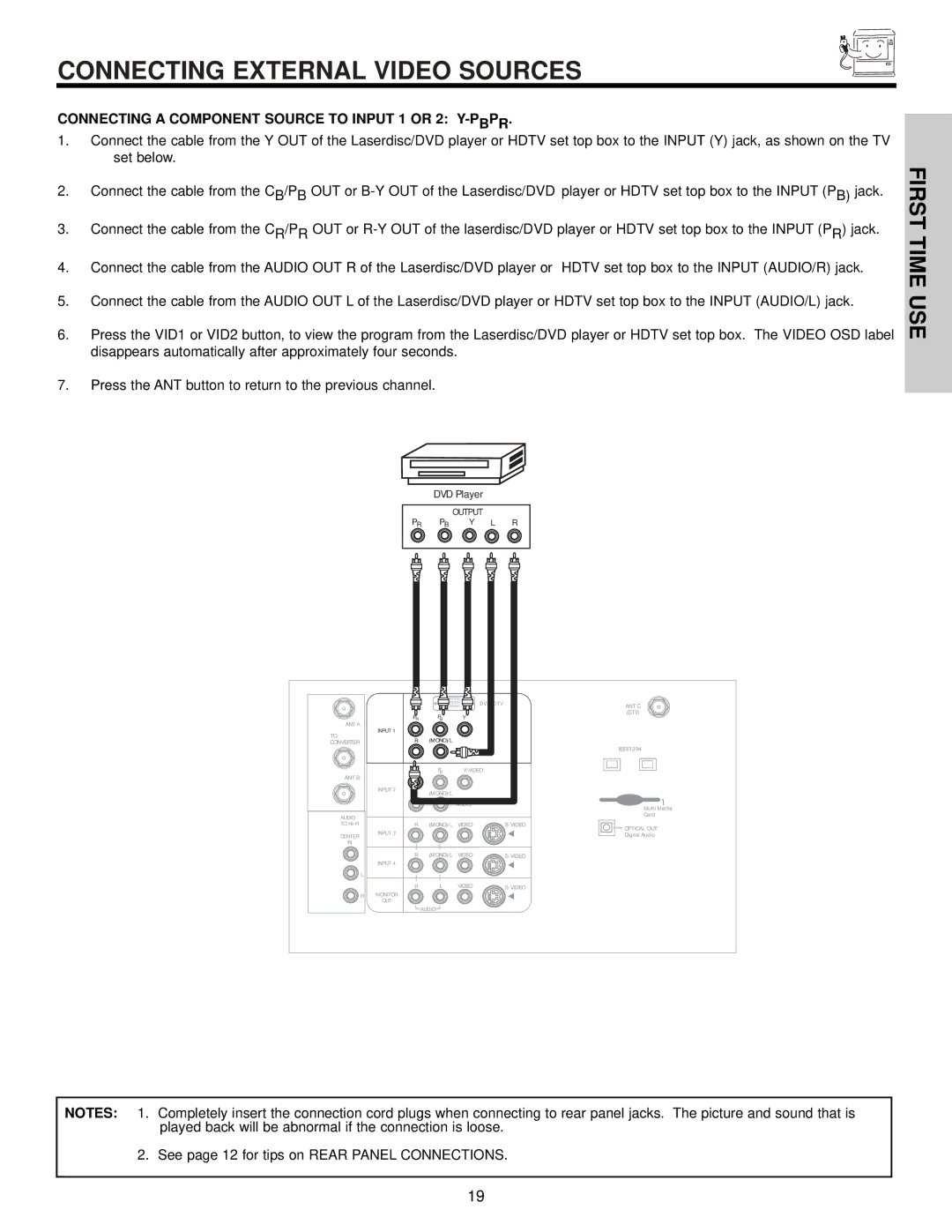 Hitachi 65S700, 57S700, 51S700 Connecting External Video Sources, Connecting a Component Source to Input 1 or 2 Y-PBPR 