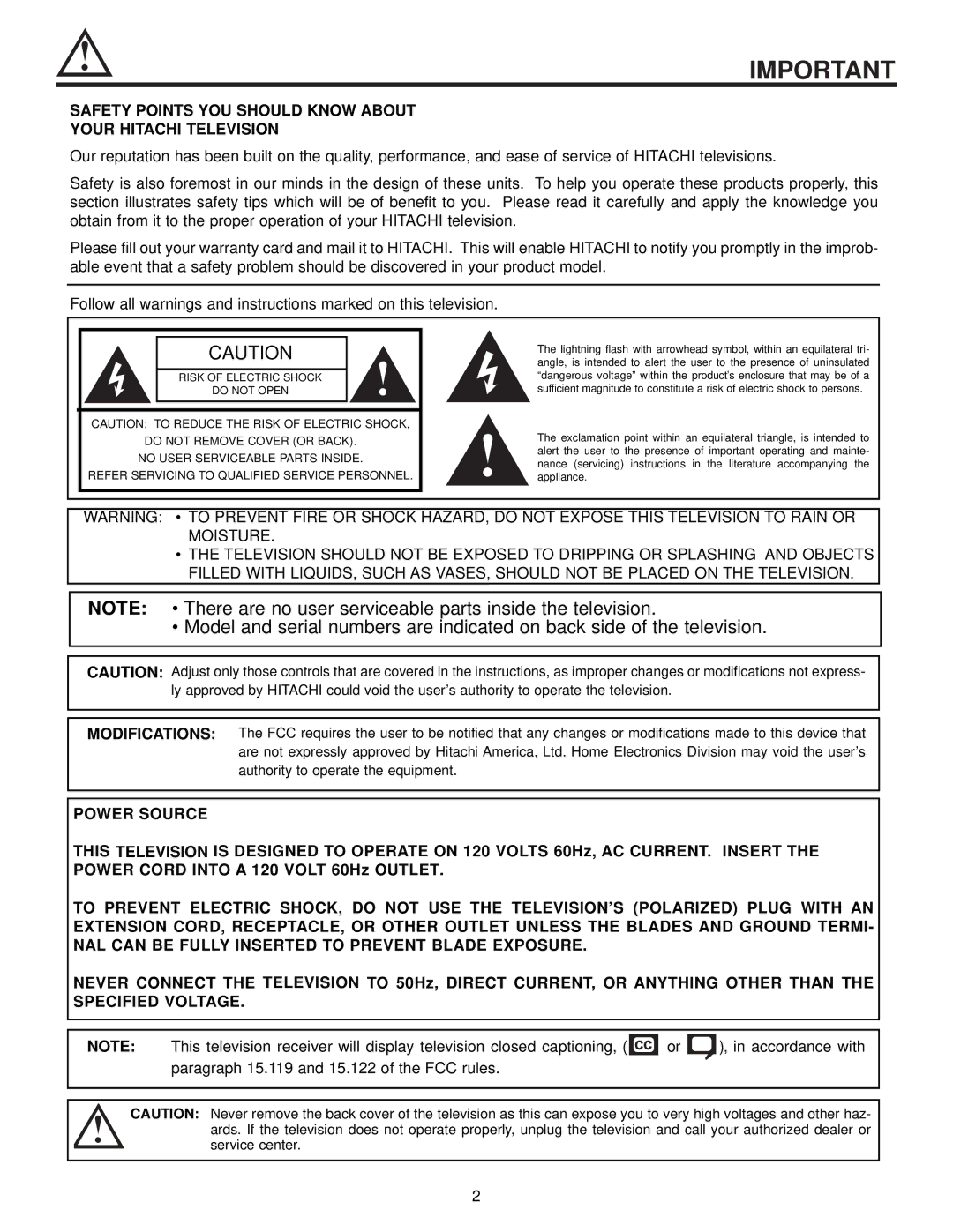 Hitachi 51S700, 57S700, 65S700 important safety instructions Safety Points YOU should Know about Your Hitachi Television 