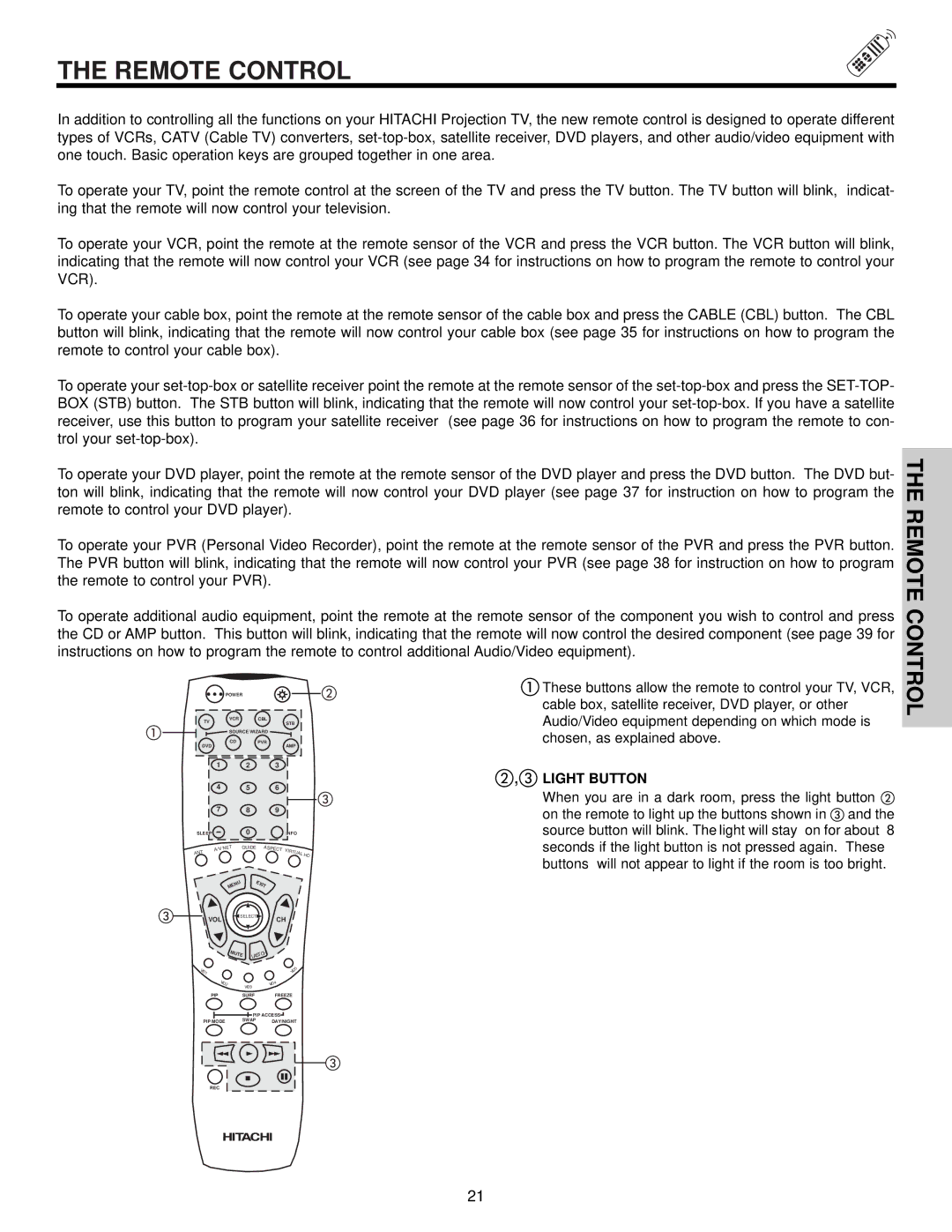 Hitachi 57S700, 65S700, 51S700 important safety instructions Remote Control, Light Button 