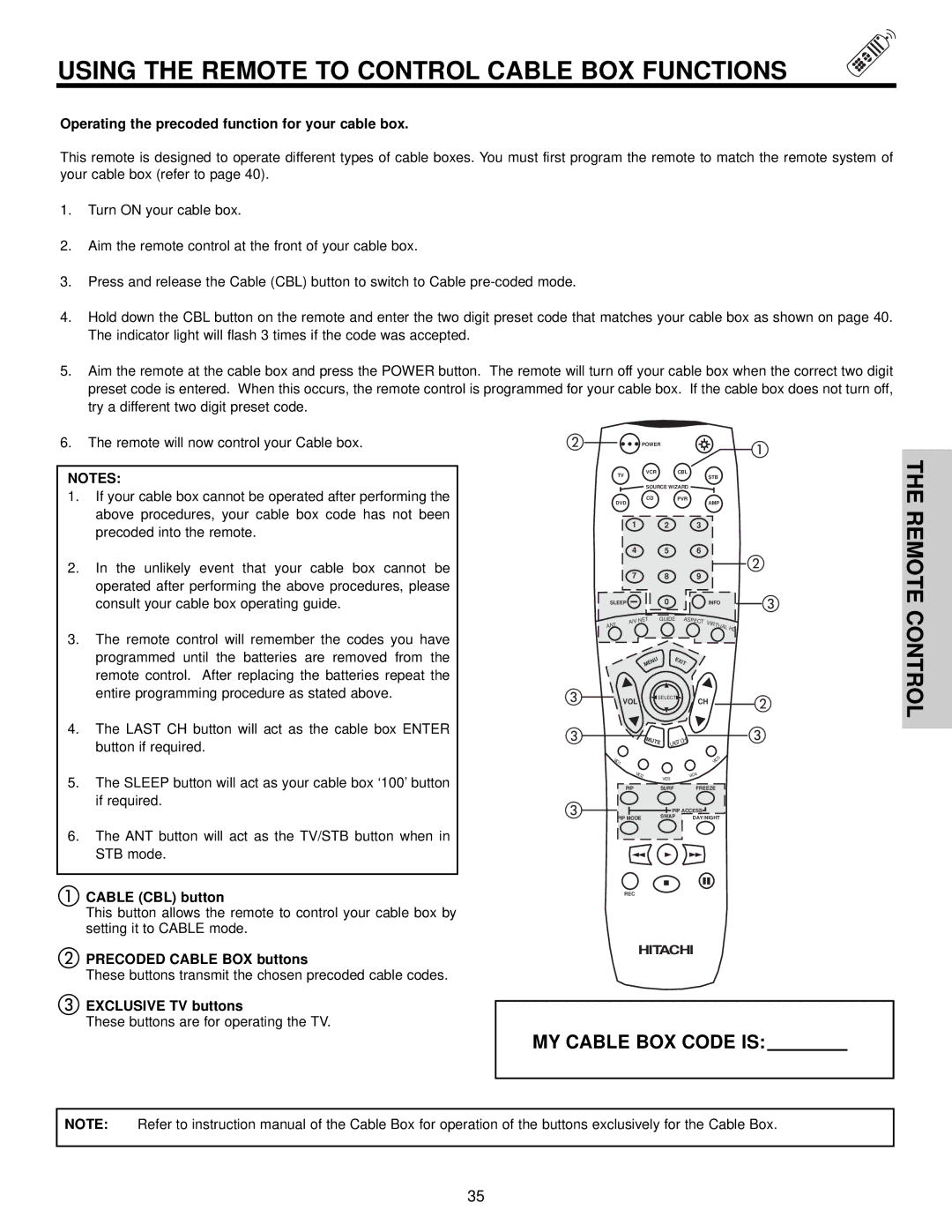 Hitachi 51S700, 57S700 Using the Remote to Control Cable BOX Functions, Operating the precoded function for your cable box 
