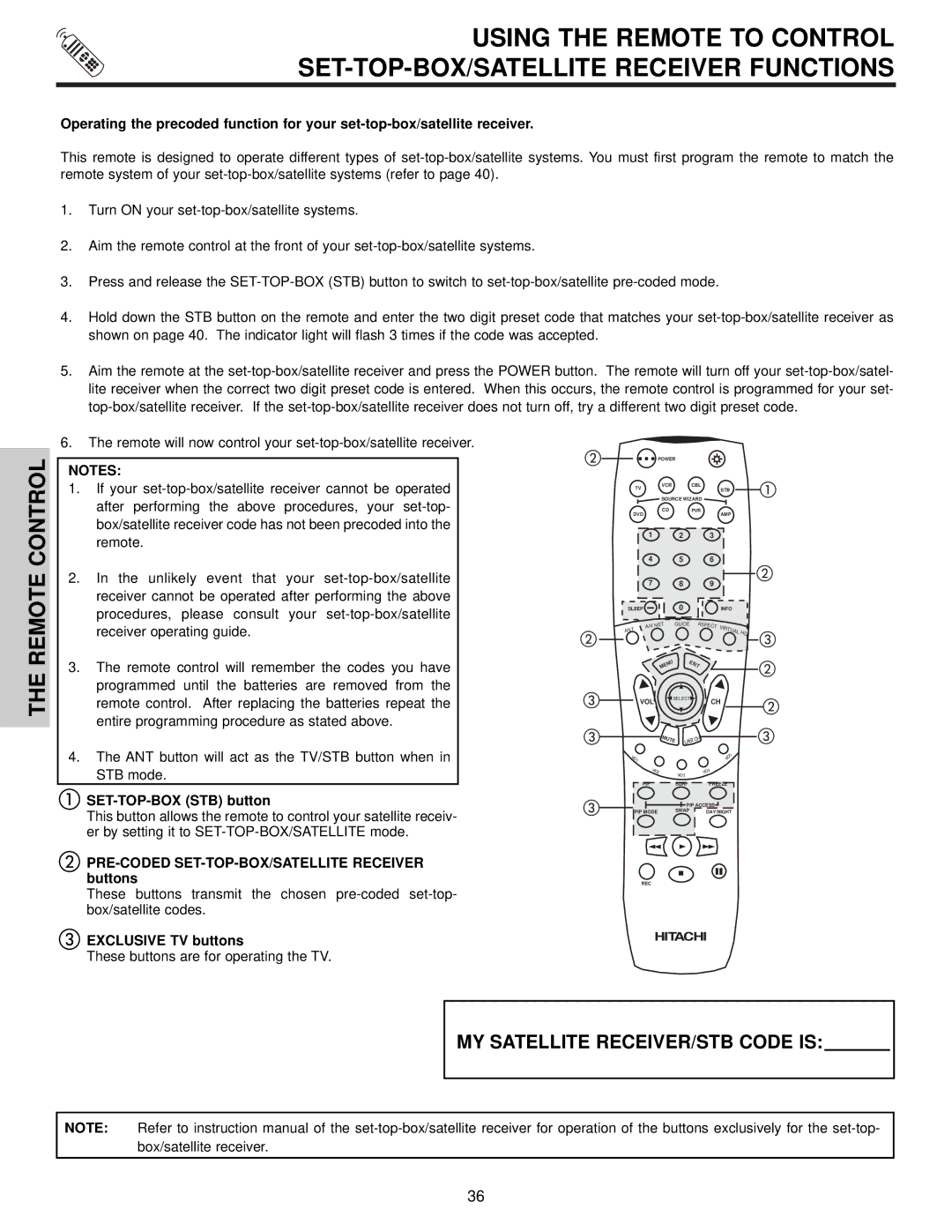 Hitachi 57S700, 65S700, 51S700 SET-TOP-BOX STB button, PRE-CODED SET-TOP-BOX/SATELLITE Receiver buttons 