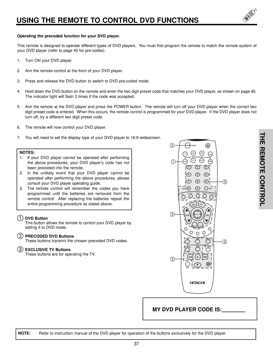 Hitachi 65S700, 57S700 Using the Remote to Control DVD Functions, Operating the precoded function for your DVD player 