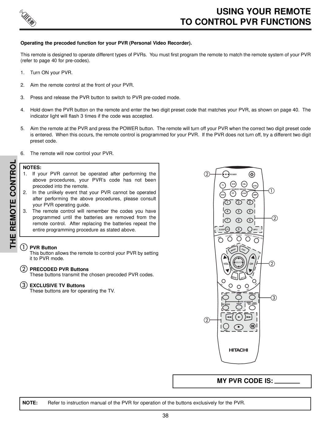 Hitachi 51S700, 57S700, 65S700 Using Your Remote To Control PVR Functions, Precoded PVR Buttons 