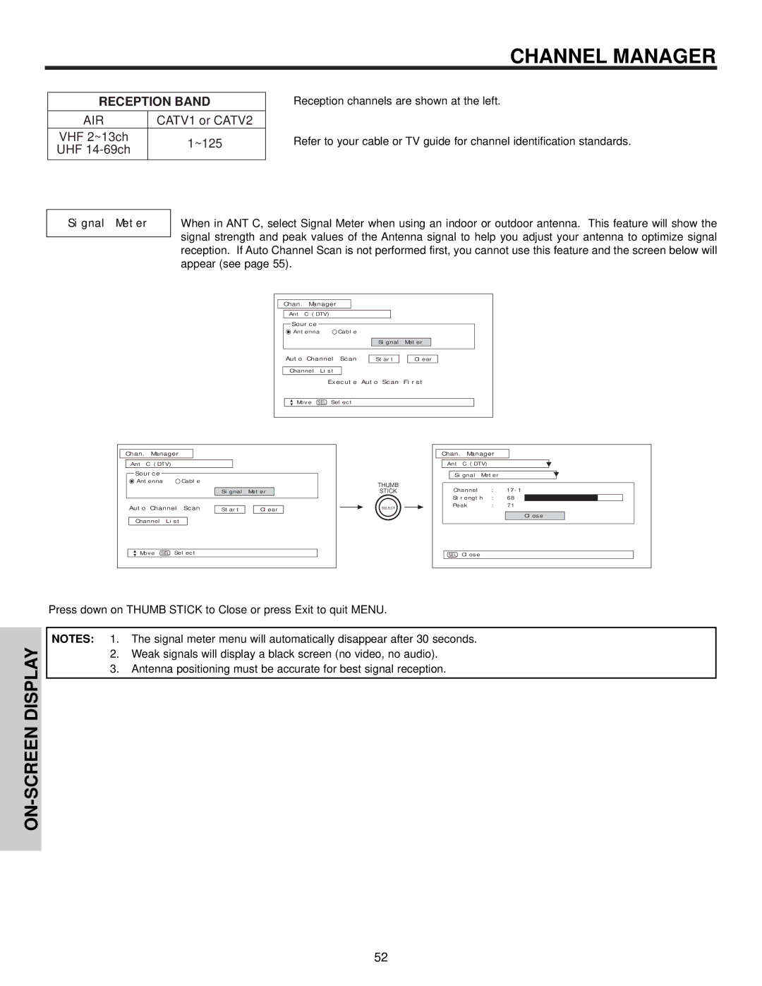 Hitachi 65S700, 57S700, 51S700 important safety instructions Channel Manager, Signal Meter 