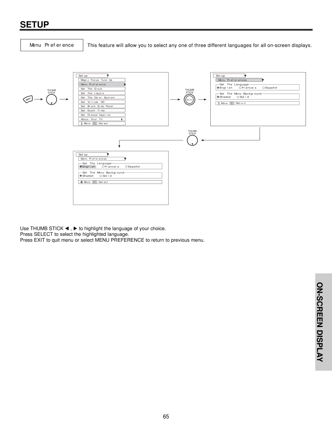 Hitachi 51S700, 57S700, 65S700 important safety instructions Setup, English, Menu Preferences 