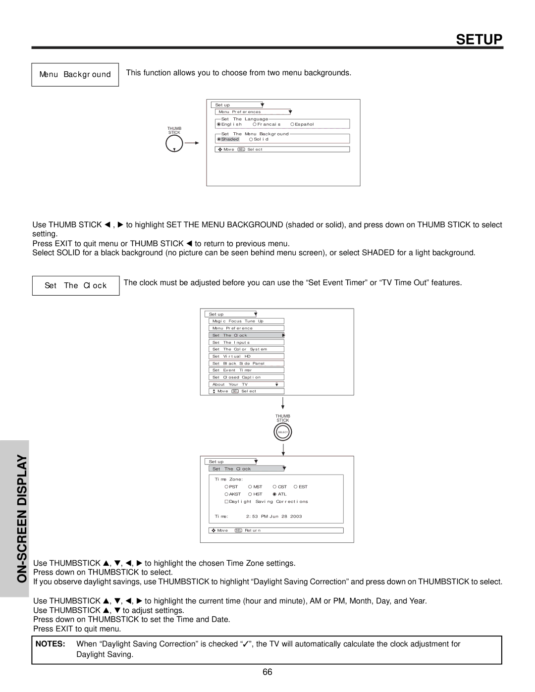 Hitachi 57S700, 65S700, 51S700 important safety instructions Menu Background, Set The Clock 