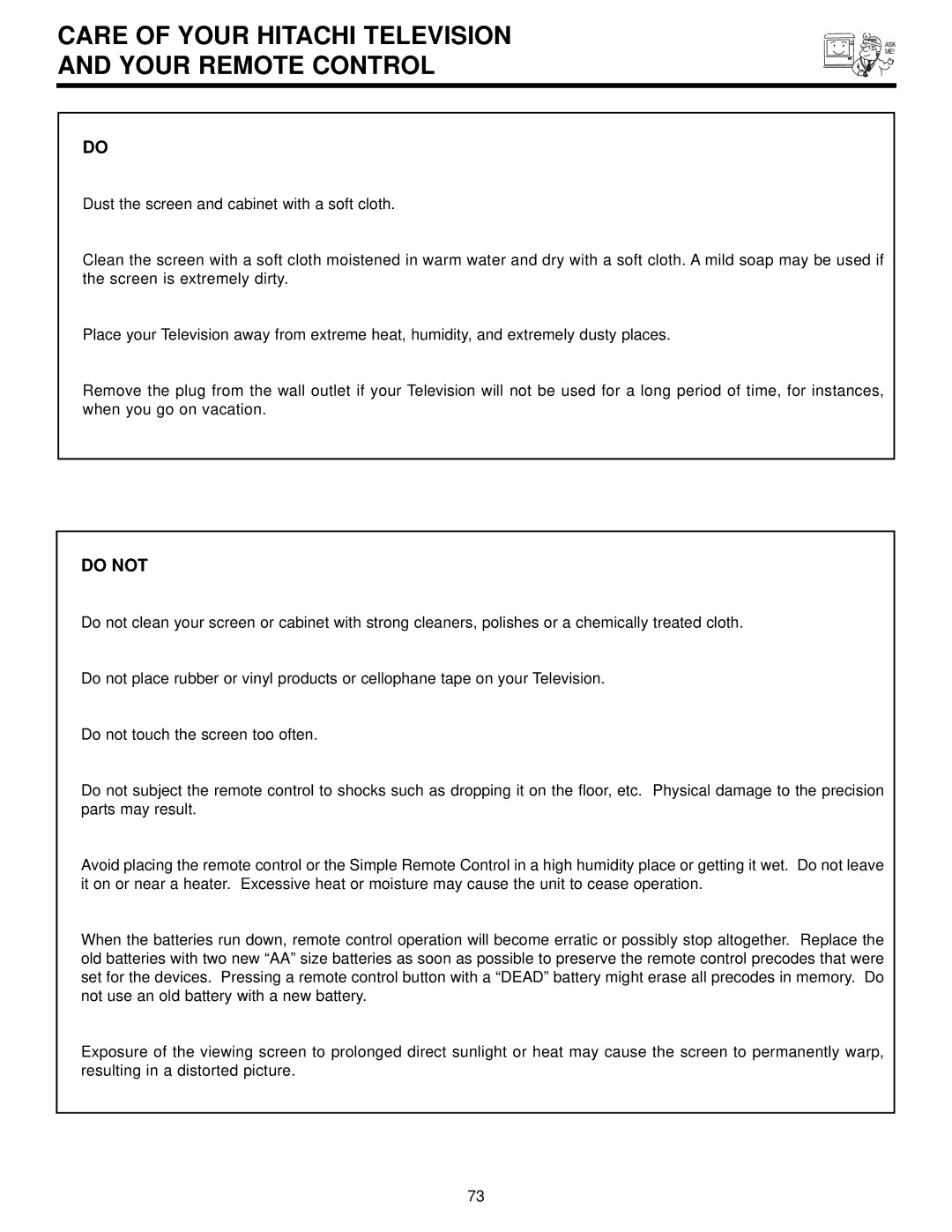 Hitachi 65S700, 57S700, 51S700 important safety instructions Care of Your Hitachi Television Your Remote Control, Do not 