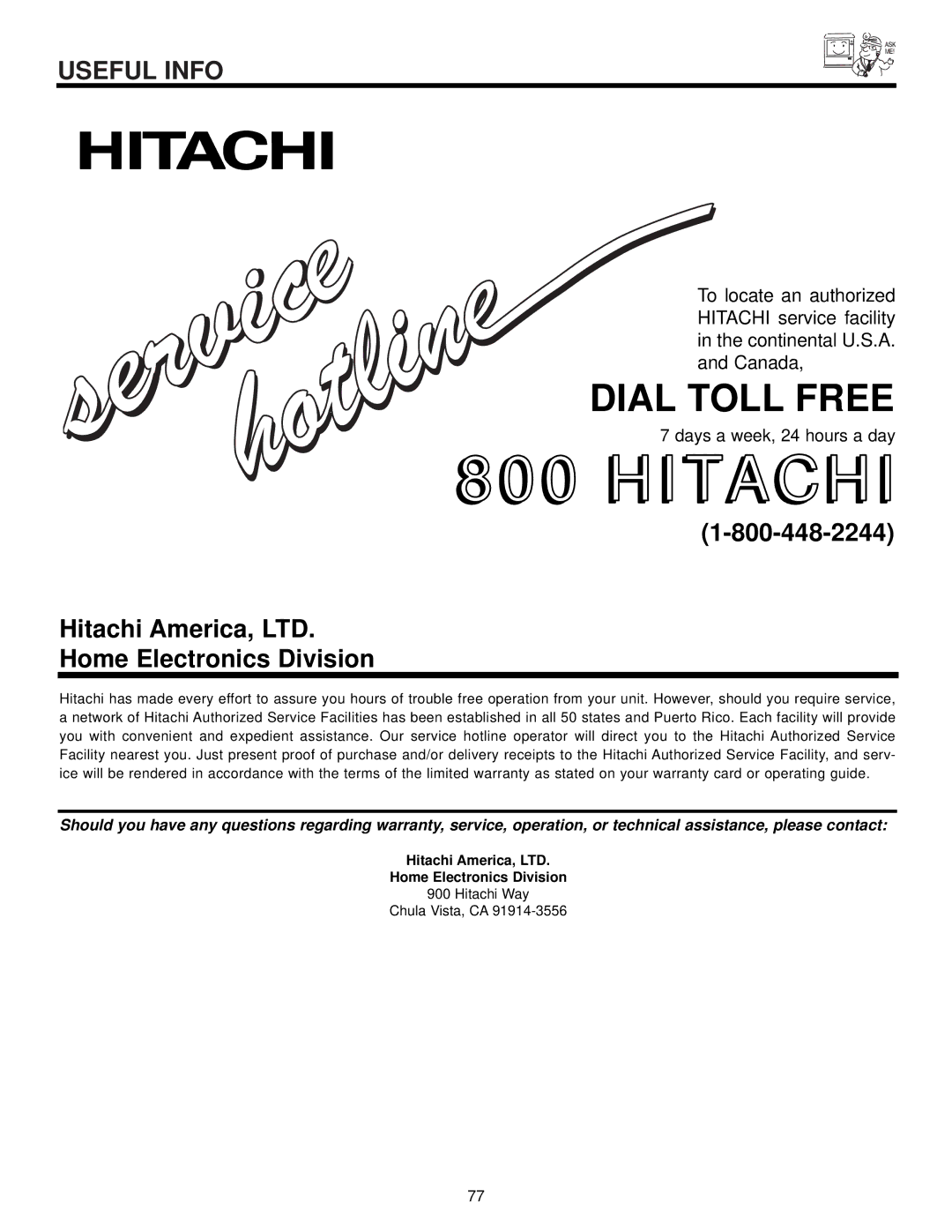 Hitachi 51S700, 57S700, 65S700 important safety instructions Hitachi, Home Electronics Division 