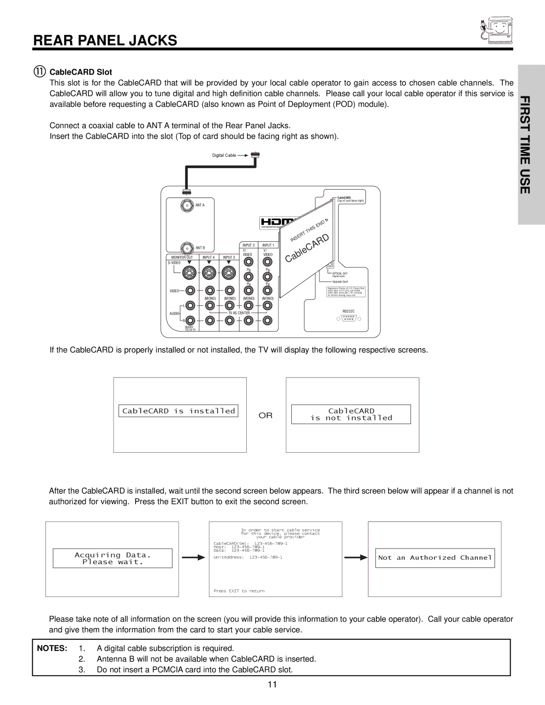 Hitachi 51S715, 57S715 important safety instructions Rear Panel Jacks, CableCARD Slot 