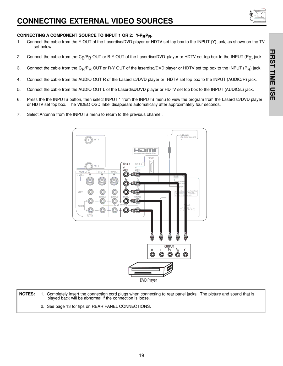 Hitachi 51S715, 57S715 important safety instructions Connecting a Component Source to Input 1 or 2 Y-PBPR, Video 