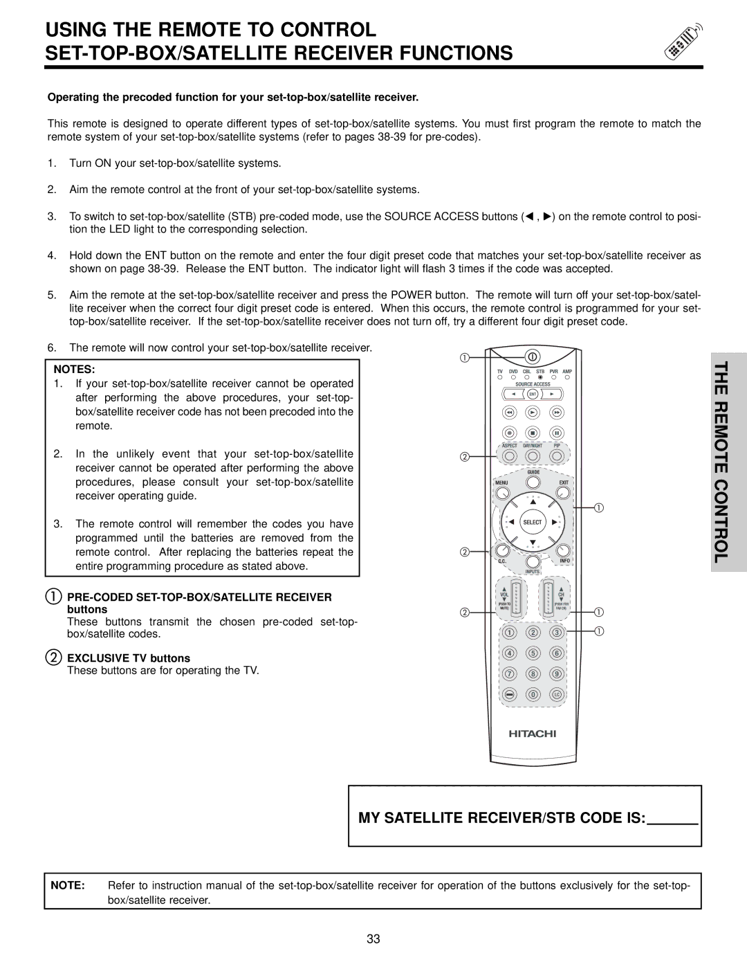 Hitachi 51S715, 57S715 important safety instructions PRE-CODED SET-TOP-BOX/SATELLITE Receiver buttons 