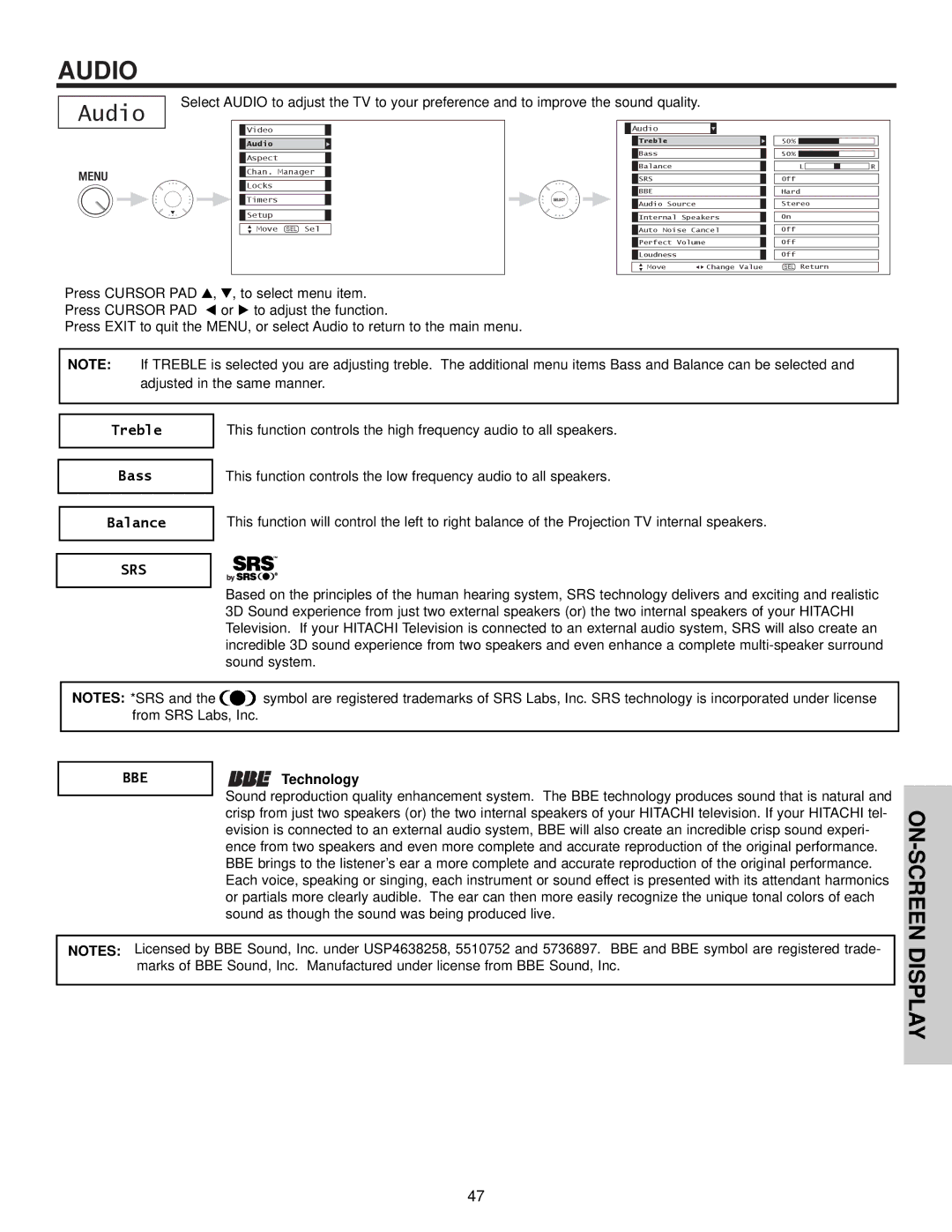 Hitachi 51S715, 57S715 important safety instructions Audio, Treble, Bass, Balance, Technology 