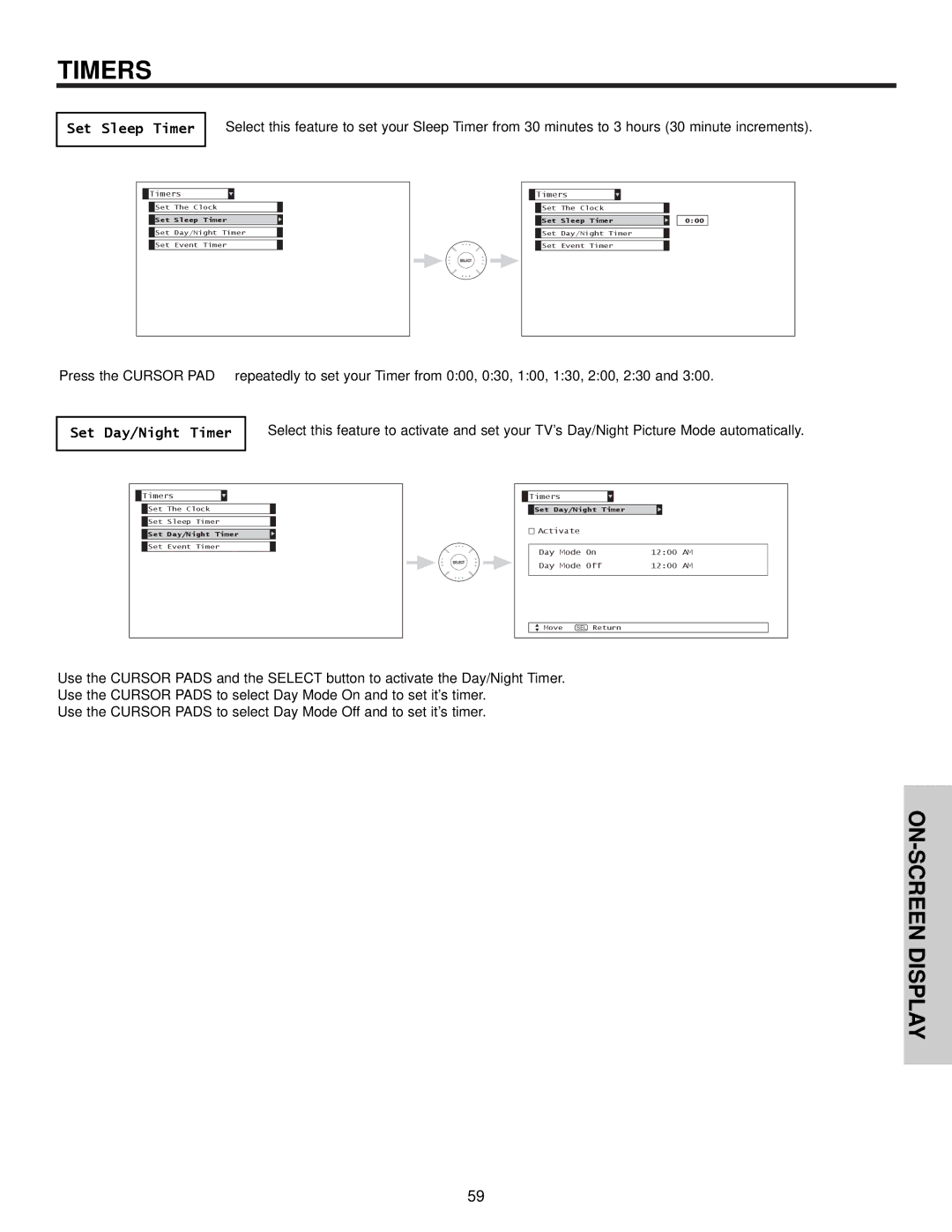 Hitachi 51S715, 57S715 important safety instructions Set Sleep Timer, Set Day/Night Timer 