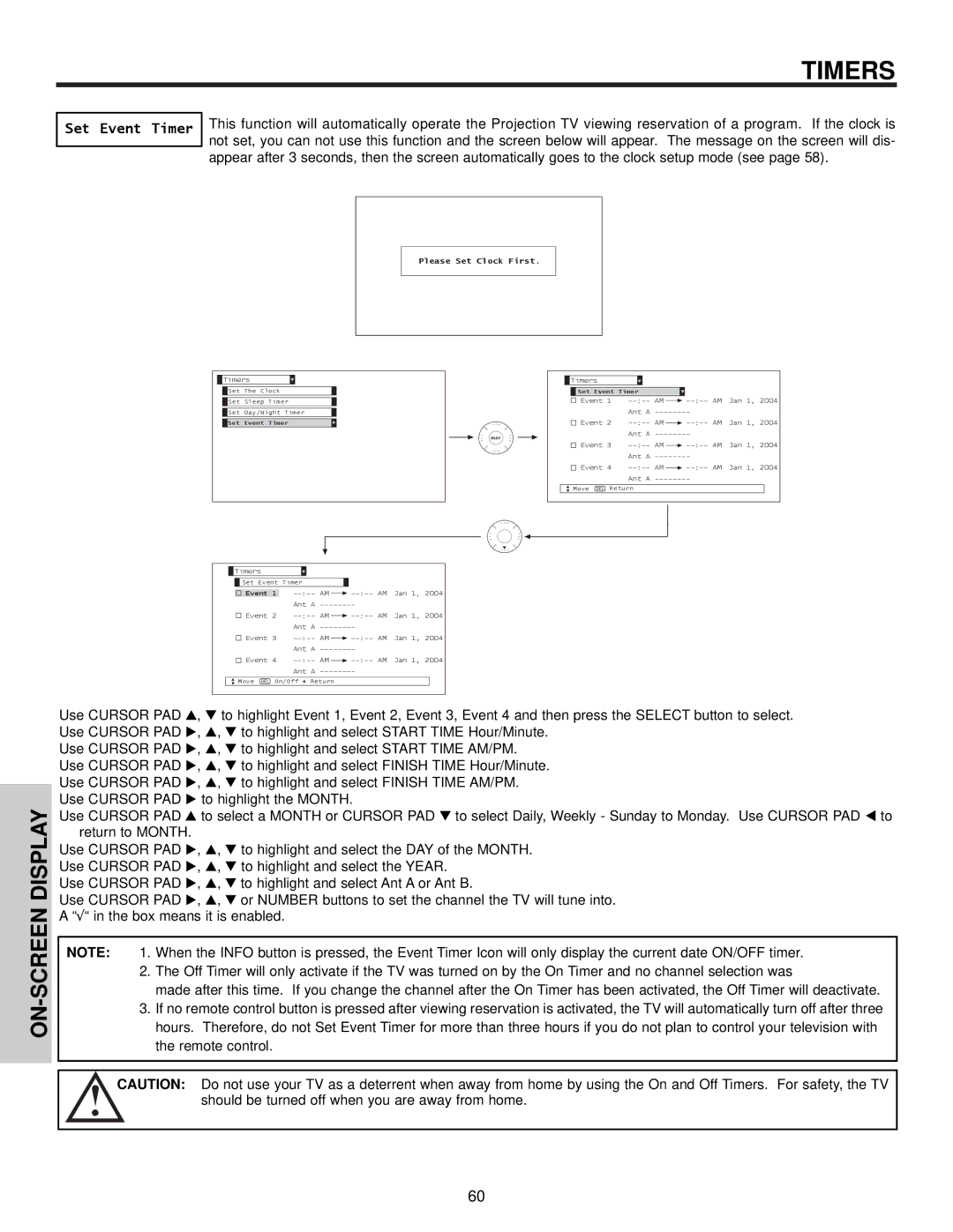 Hitachi 57S715, 51S715 important safety instructions Set Event Timer, Please Set Clock First 