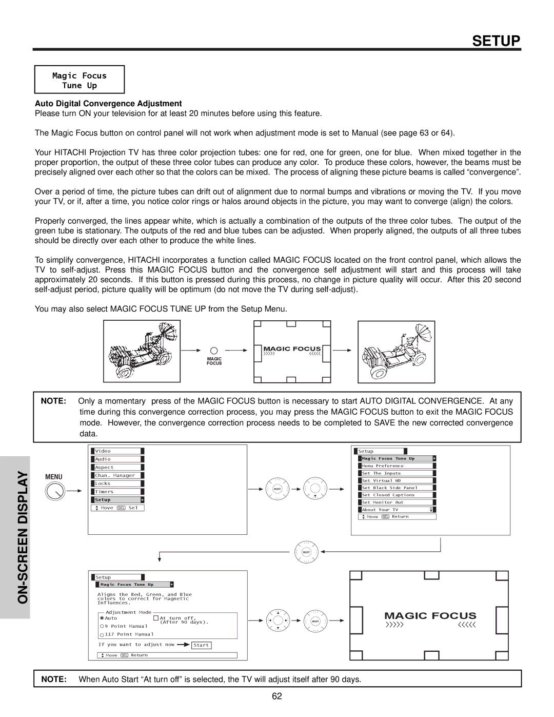 Hitachi 57S715, 51S715 important safety instructions Magic Focus Tune Up, Auto Digital Convergence Adjustment 