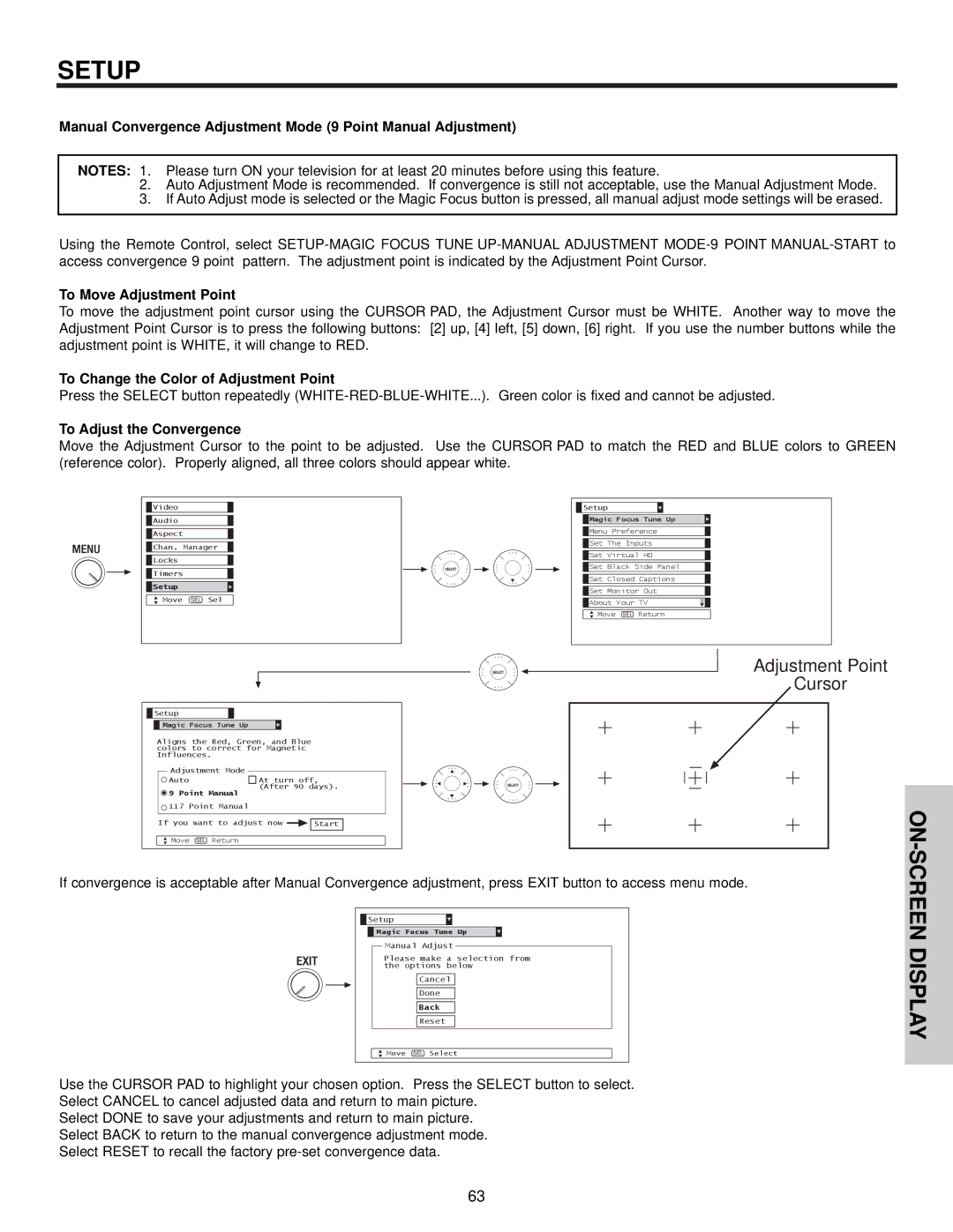 Hitachi 51S715, 57S715 To Move Adjustment Point, To Change the Color of Adjustment Point, To Adjust the Convergence 