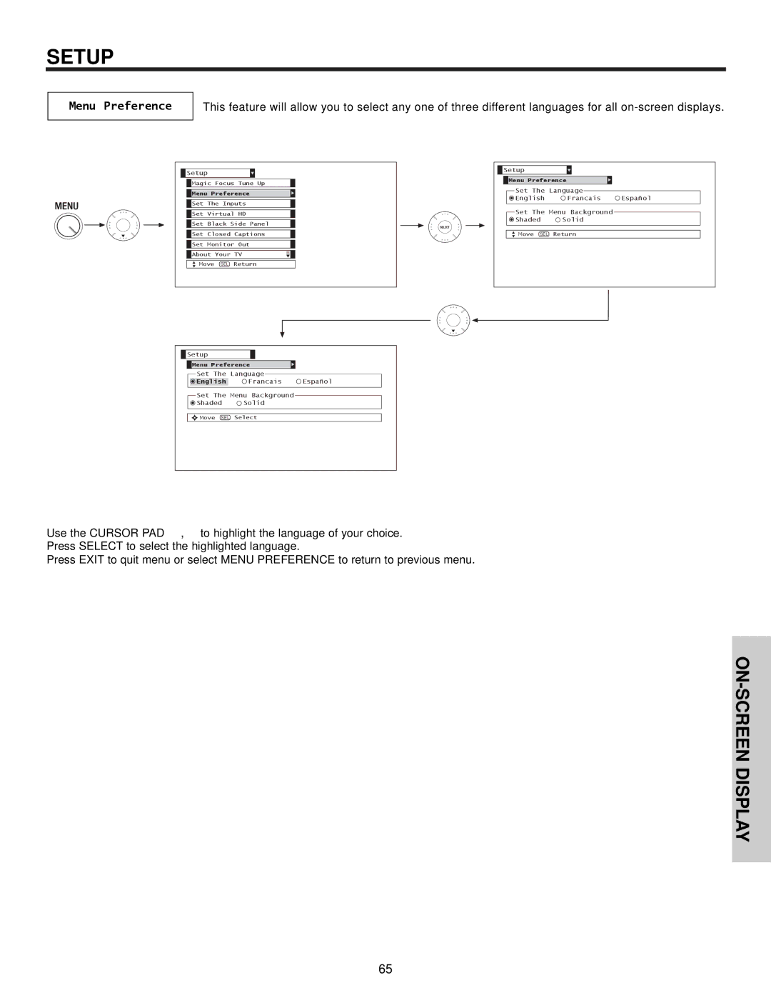 Hitachi 51S715, 57S715 important safety instructions Menu Preference 