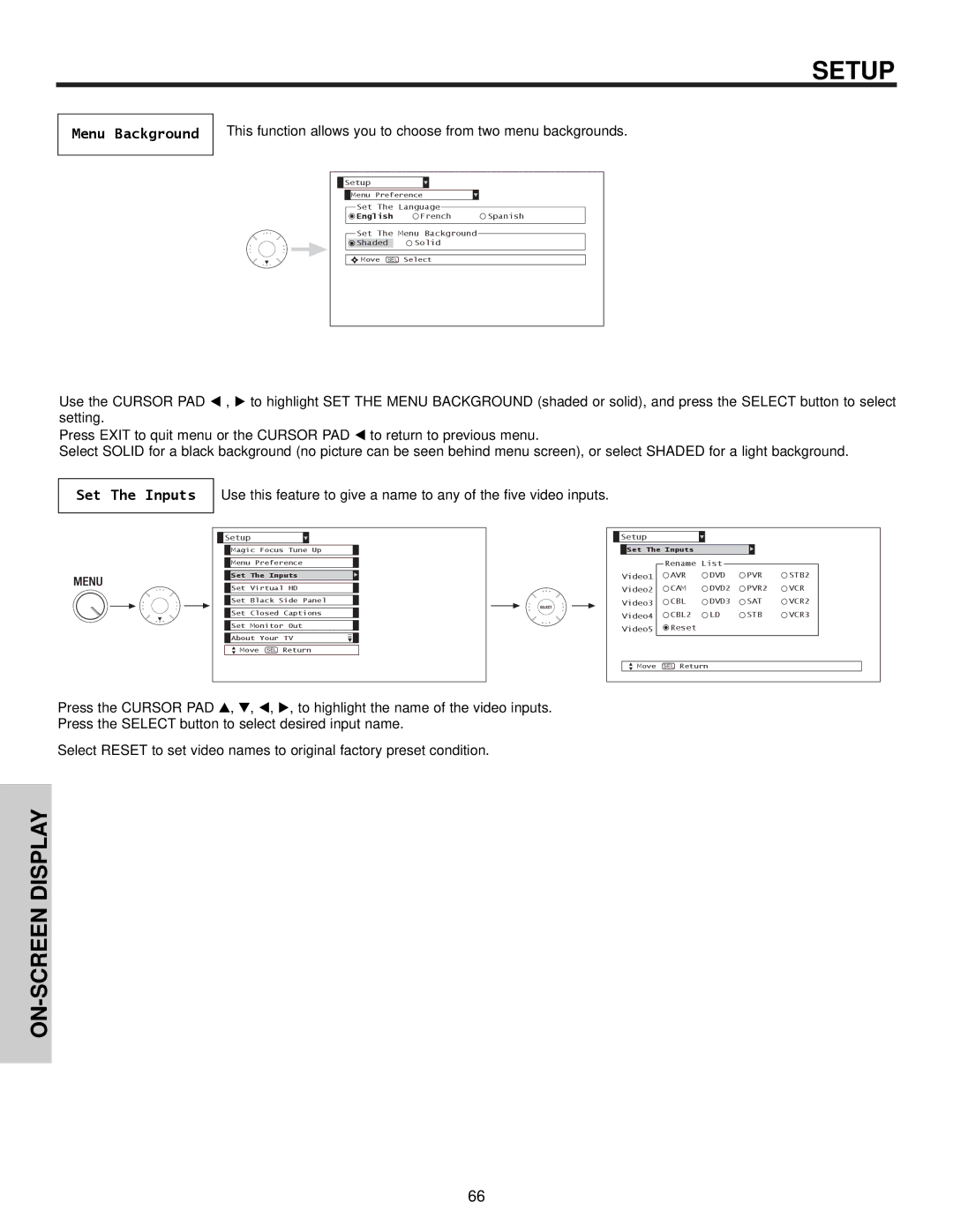 Hitachi 57S715, 51S715 important safety instructions Menu Background, Set The Inputs 