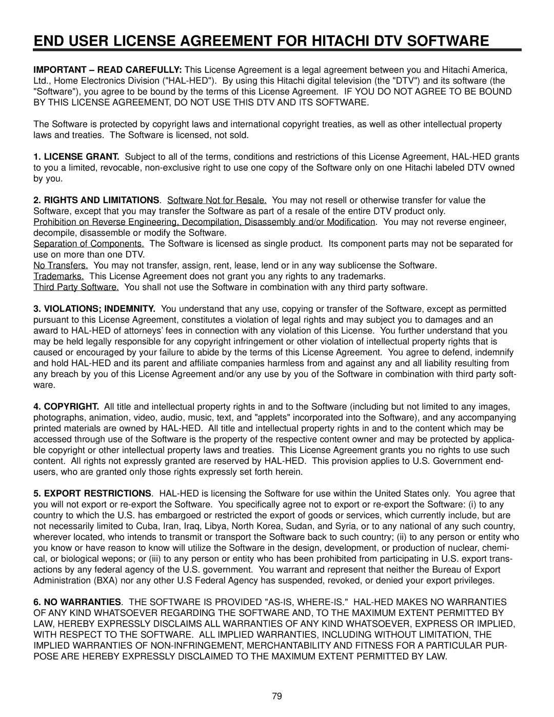 Hitachi 51S715, 57S715 important safety instructions END User License Agreement for Hitachi DTV Software 