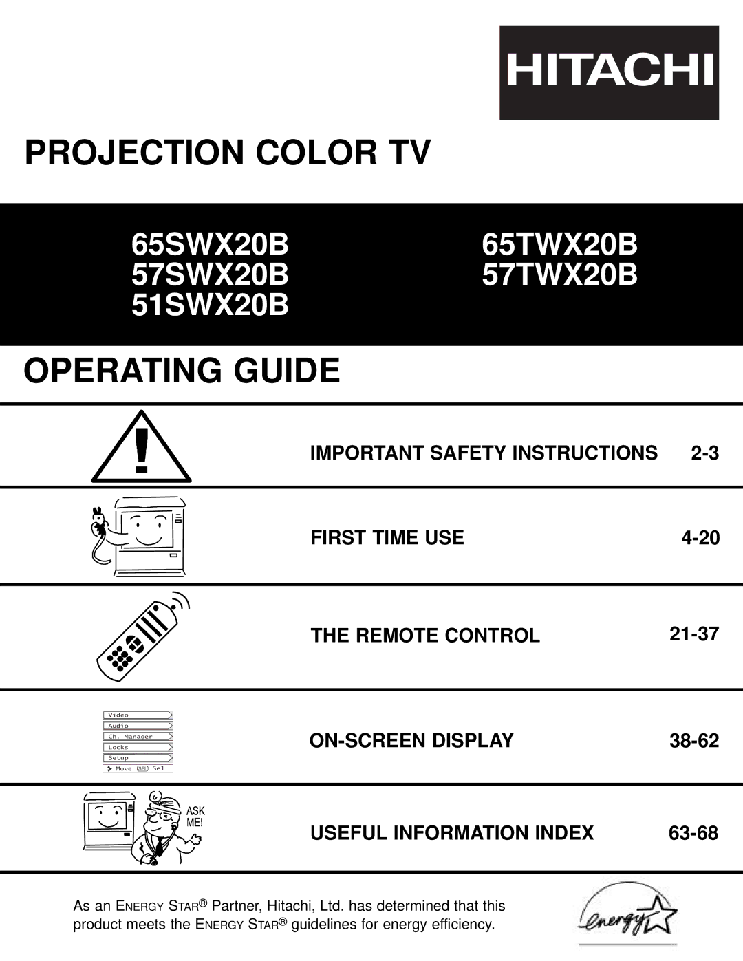 Hitachi 51SWX20B, 57SWX20B important safety instructions Important Safety Instructions First Time USE Remote Control 