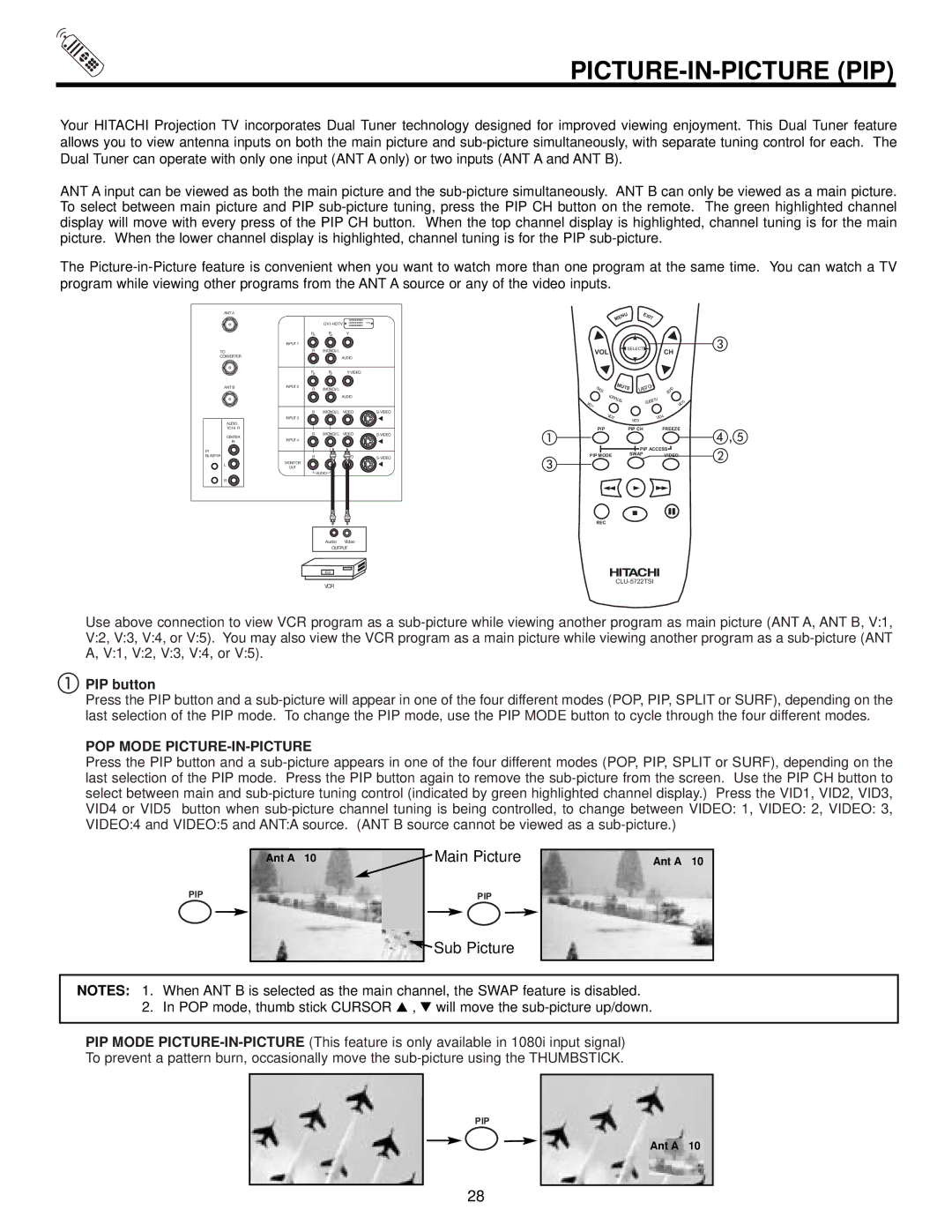 Hitachi 65SWX20B, 57SWX20B, 51SWX20B, 65TWX20B, 57TWX20B important safety instructions Picture-In-Picture Pip, PIP button 