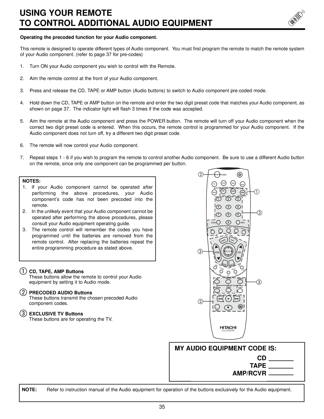 Hitachi 57SWX20B, 51SWX20B, 65TWX20B Using Your Remote To Control Additional Audio Equipment, Precoded Audio Buttons 