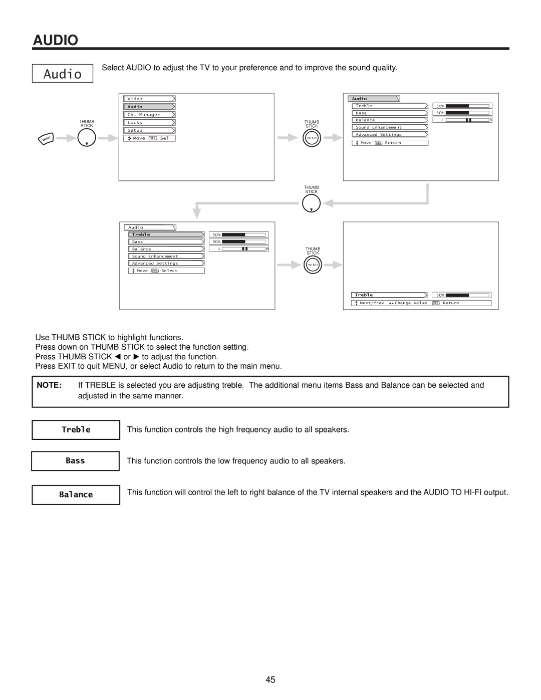 Hitachi 57SWX20B, 51SWX20B, 65TWX20B, 65SWX20B, 57TWX20B important safety instructions Audio, Treble, Bass, Balance 