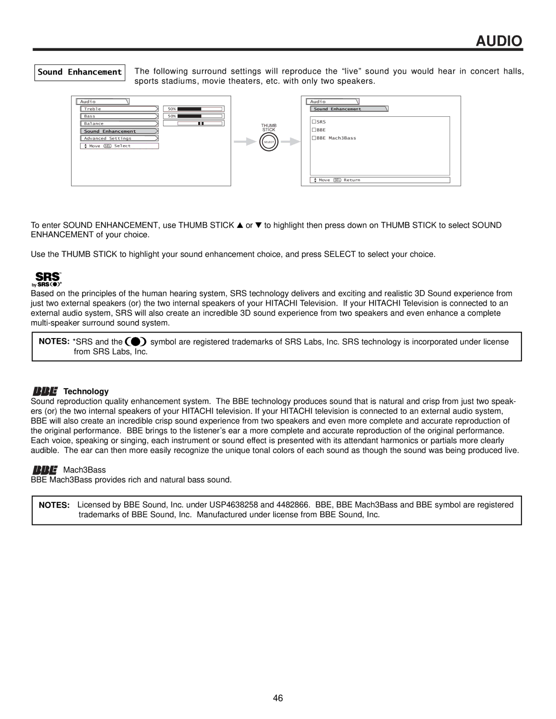 Hitachi 51SWX20B, 57SWX20B, 65TWX20B, 65SWX20B, 57TWX20B important safety instructions Sound Enhancement, Technology 