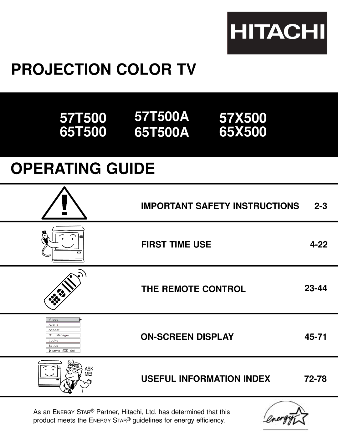 Hitachi 57T500A important safety instructions Important Safety Instructions First Time USE Remote Control 