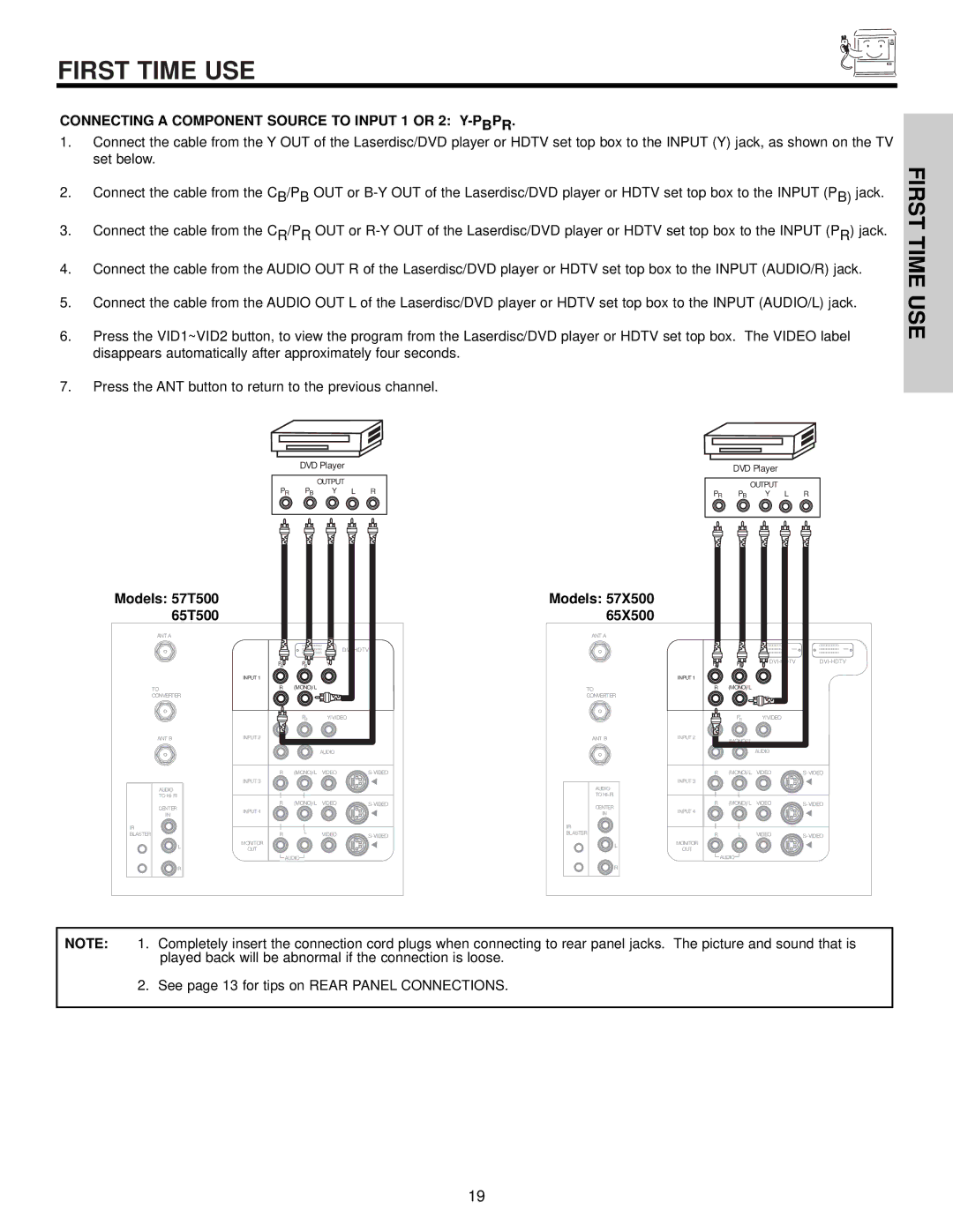 Hitachi 57T500A important safety instructions First Time USE, Connecting a Component Source to Input 1 or 2 Y-PBPR 