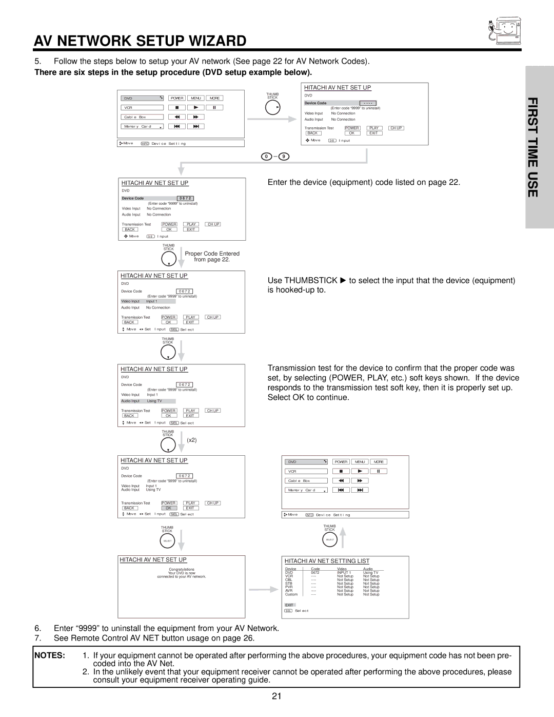 Hitachi 57T500A important safety instructions AV Network Setup Wizard, First Time, Use 