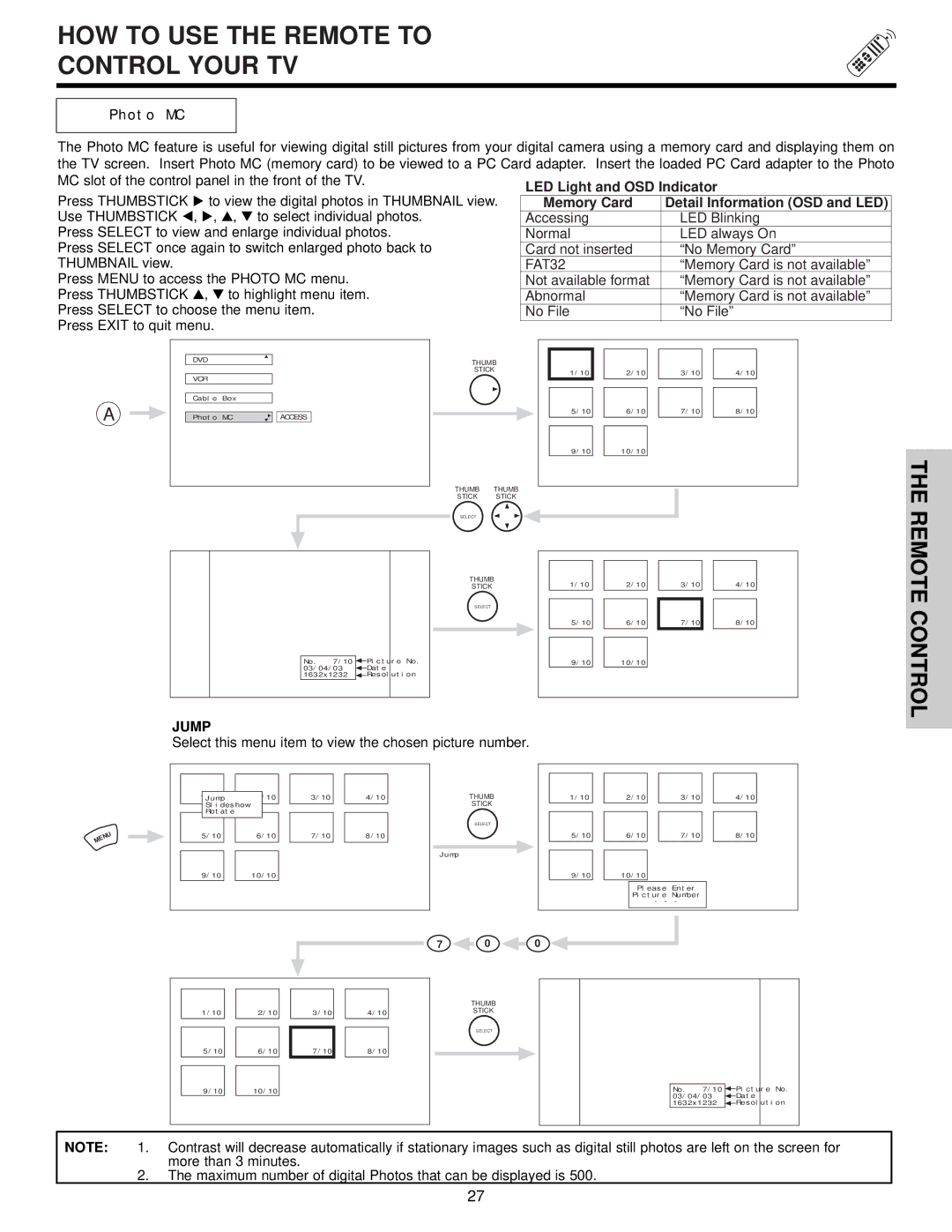 Hitachi 57T500A important safety instructions Control, Photo MC, Jump 