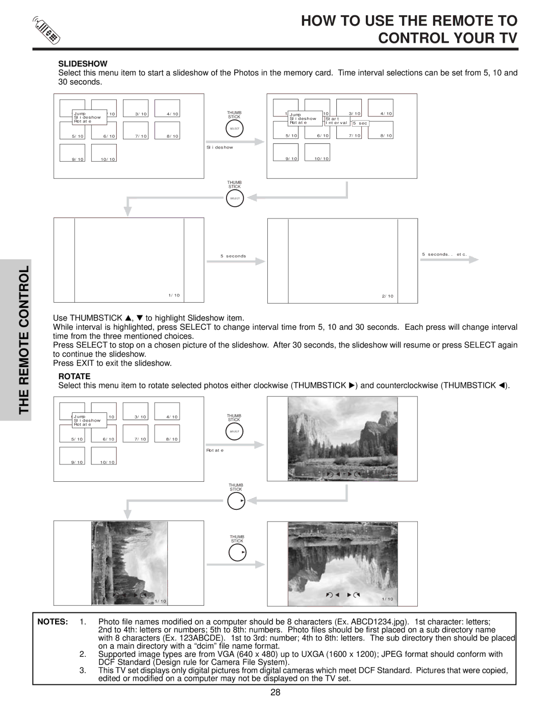 Hitachi 57T500A important safety instructions Remote, Slideshow, Rotate 