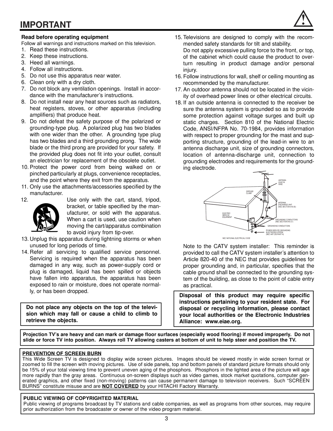 Hitachi 57T500A important safety instructions Prevention of Screen Burn, Public Viewing of Copyrighted Material 