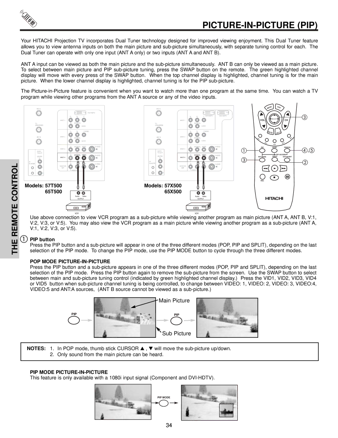 Hitachi 57T500A Picture-In-Picture Pip, PIP button, POP Mode PICTURE-IN-PICTURE, PIP Mode PICTURE-IN-PICTURE 