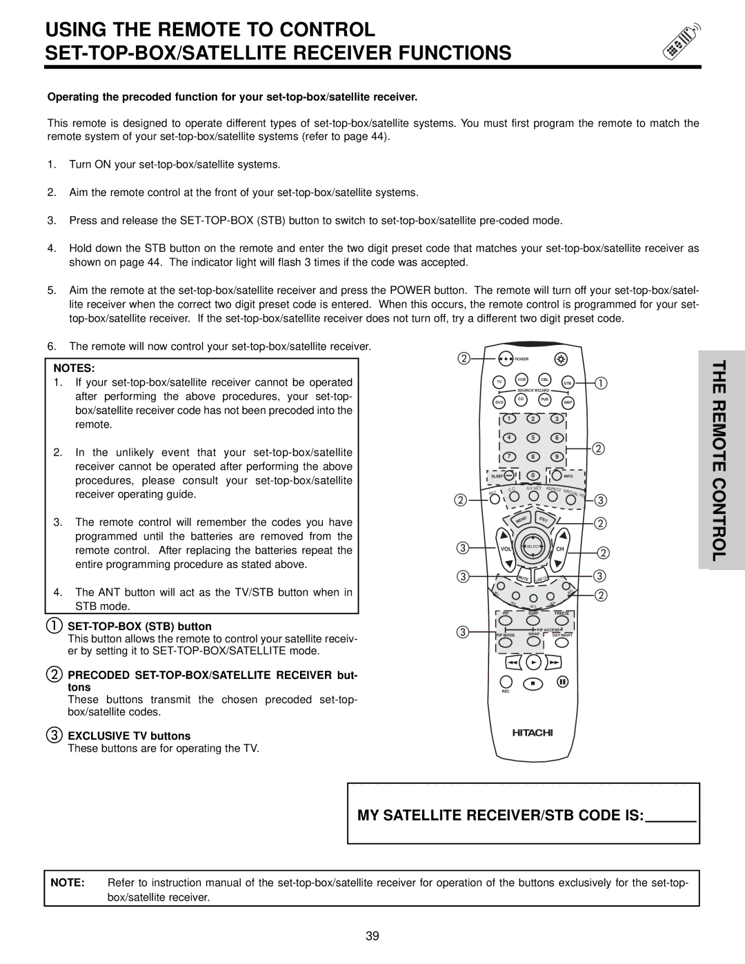 Hitachi 57T500A important safety instructions SET-TOP-BOX STB button, Precoded SET-TOP-BOX/SATELLITE Receiver but- tons 