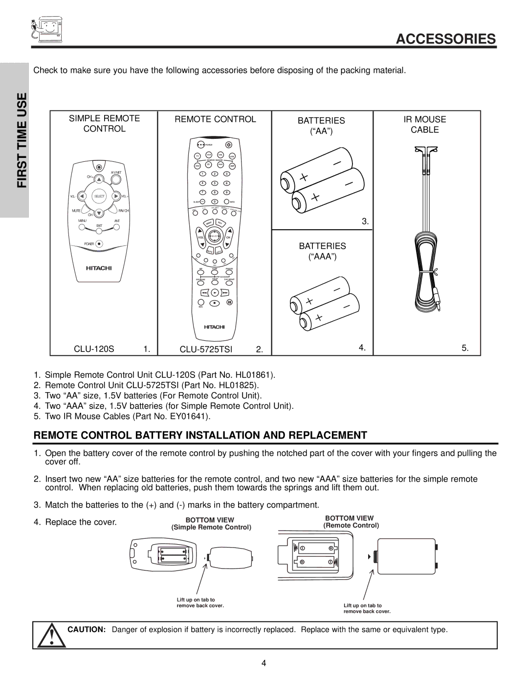 Hitachi 57T500A important safety instructions Accessories, First 