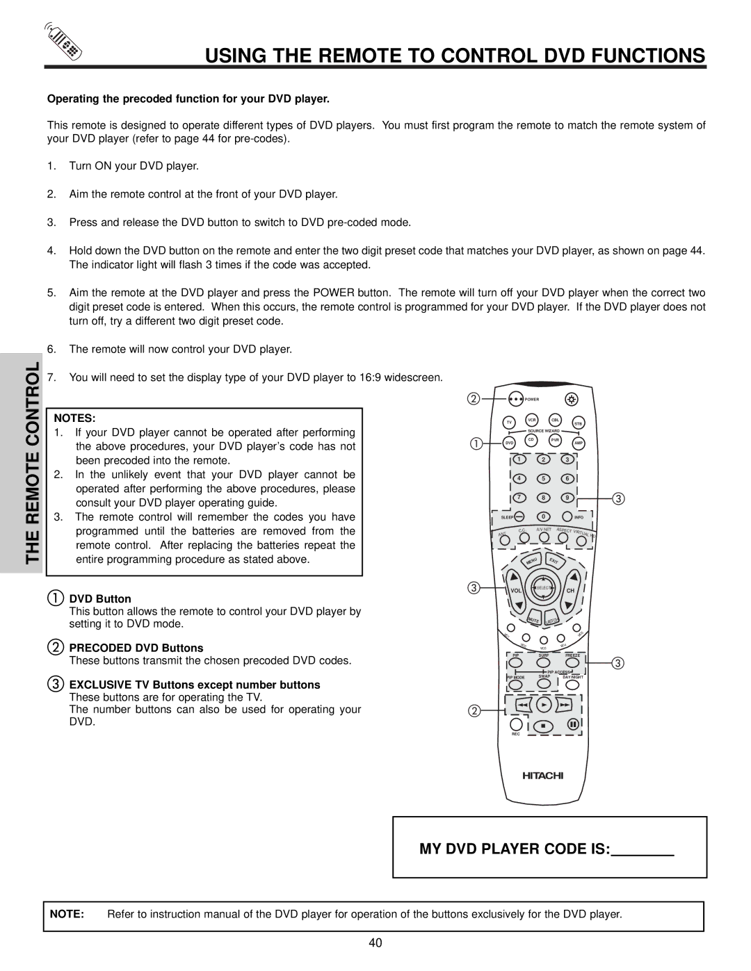 Hitachi 57T500A Using the Remote to Control DVD Functions, Operating the precoded function for your DVD player 