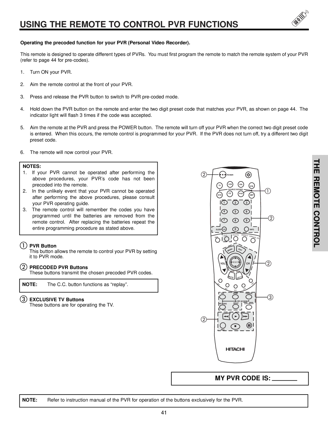 Hitachi 57T500A important safety instructions Using the Remote to Control PVR Functions, Precoded PVR Buttons 