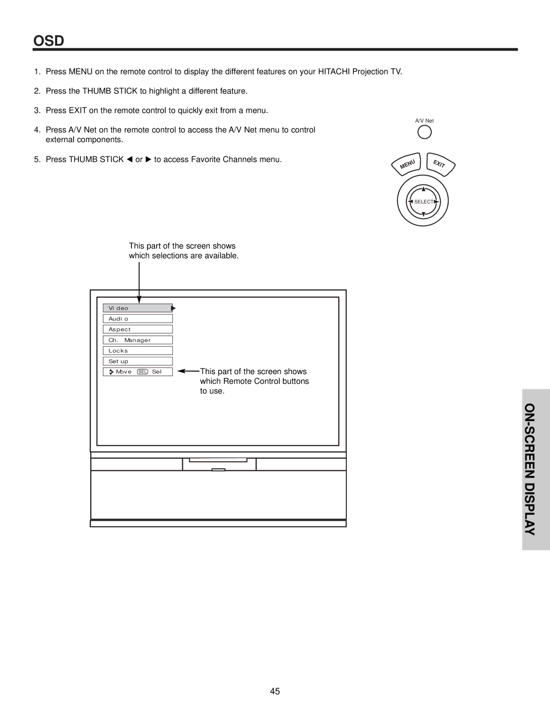 Hitachi 57T500A important safety instructions Osd, ON-SCREEN Display 